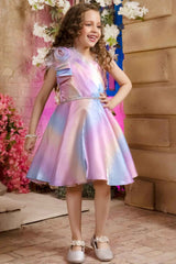 Multicolor Frock Embellished With Floral And Stone Waist Band For Girls