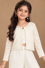 Cream Embroidered Embroidered Palazzo Set With Jacket for Girls