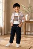 Boys White Graphic T-Shirt with Printed Shirt and Navy Cargo Jeans Set