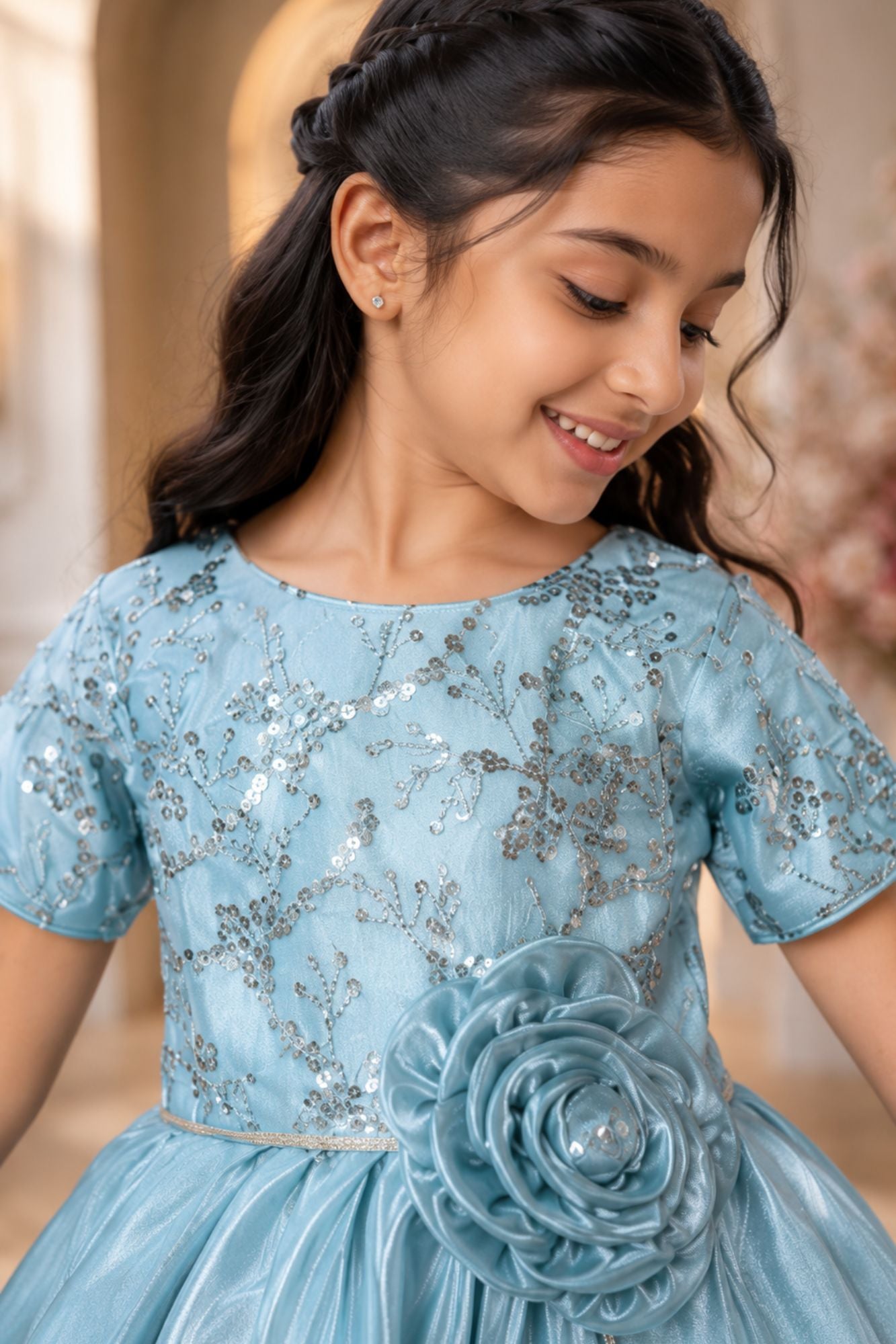 Ice Blue Sequin Party Frock For Girls