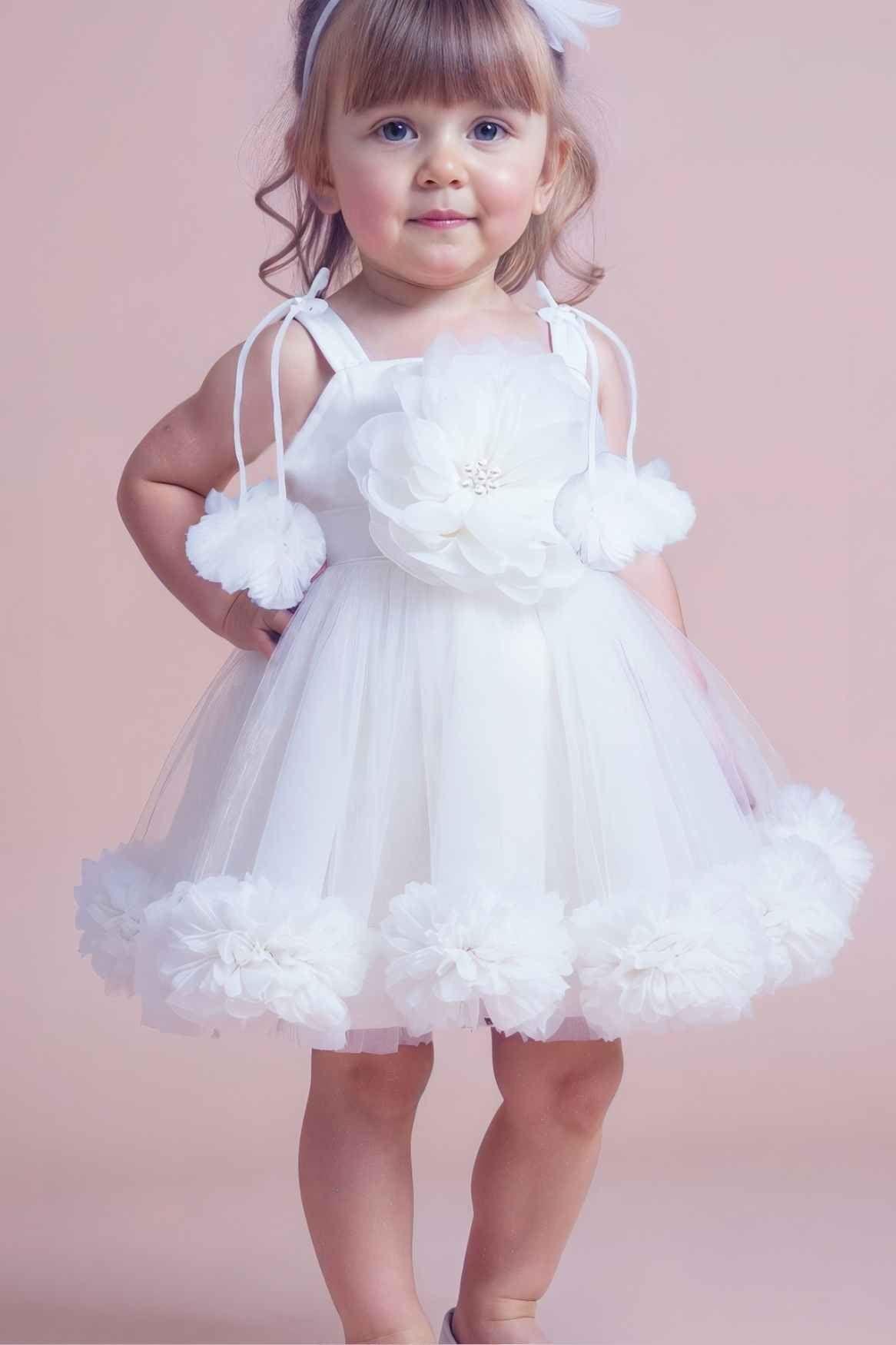 White Ruffled Frock With Floral Embellished For Girls