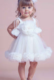 White Ruffled Frock With Floral Embellished For Girls