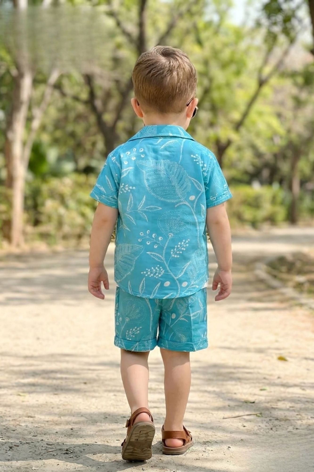 Boys Blue Shorts Set with Printed Shirt And Graphic T-Shirt