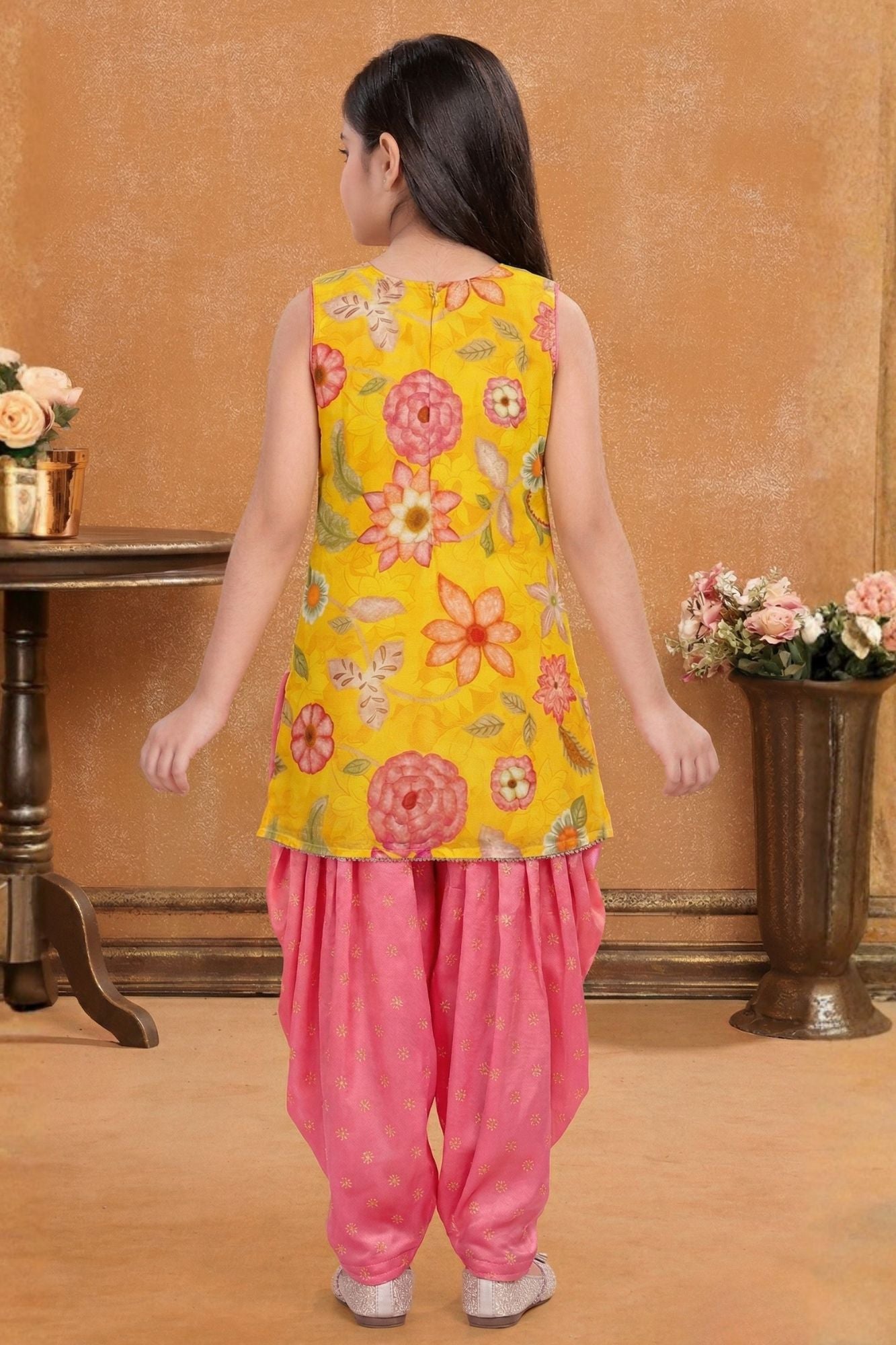 Girls Yellow Floral Embroidered Kurti With Pink Patiala And Dupatta Set