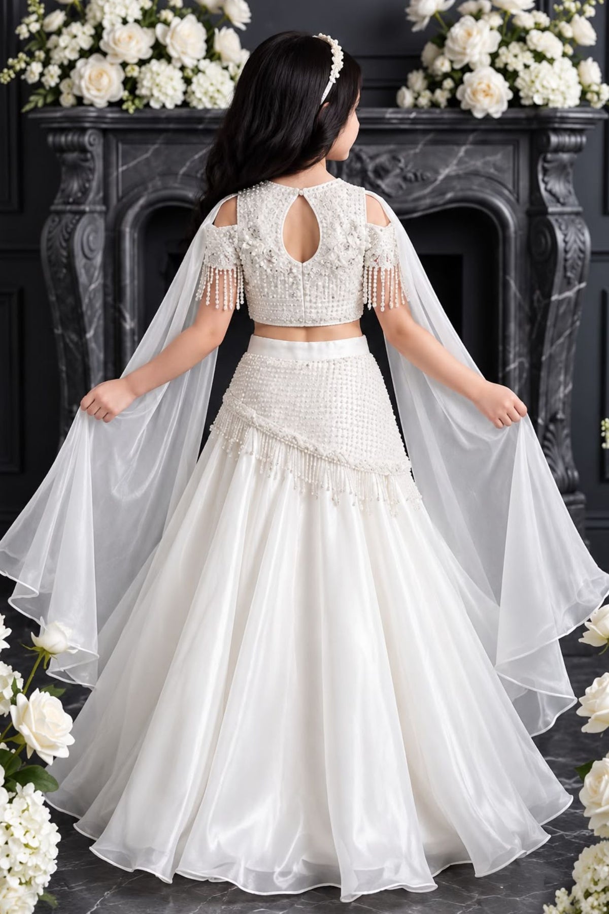 White Sequin Embellished Lehenga Choli Set For Girls