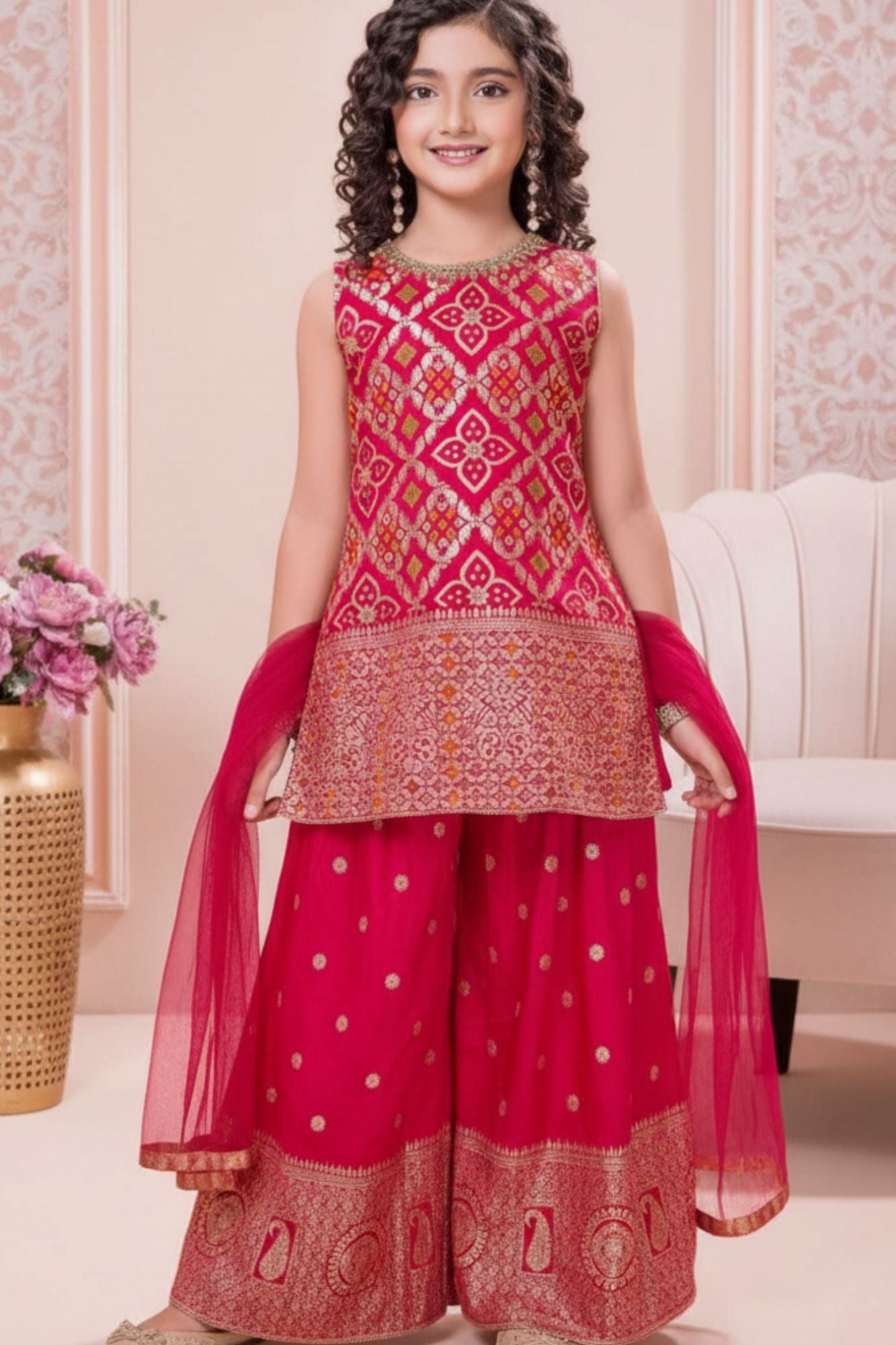 Rani Pink And Gold Printed Kurti And Palazzo Set for Girls