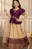 Wine Pattu Pavadai Set with Gold Embroidery For Girls