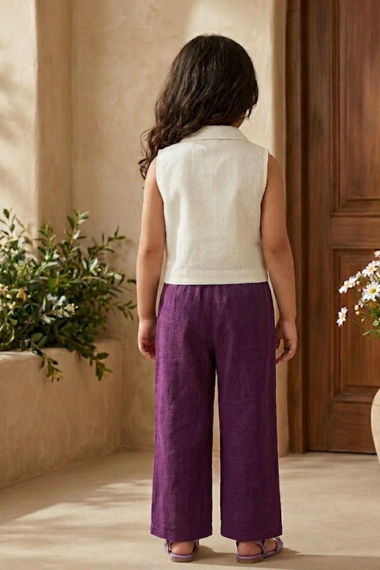 Girls Off-White And Purple Floral Embroidered Co-Ord Set with Wide Leg Pants