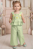 Girls Mint Green Embroidered Peplum Top with Palazzo Pants Co Ord Set