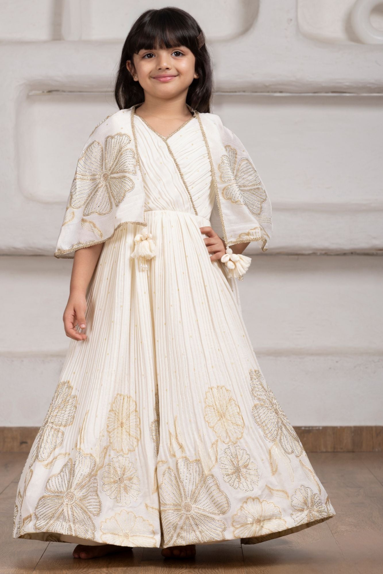 Cream Floral Embroidered Cape Gown for Girls