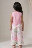 Girls Pink Floral Applique Set with Sleeveless Top And Printed Wide-Leg Pants