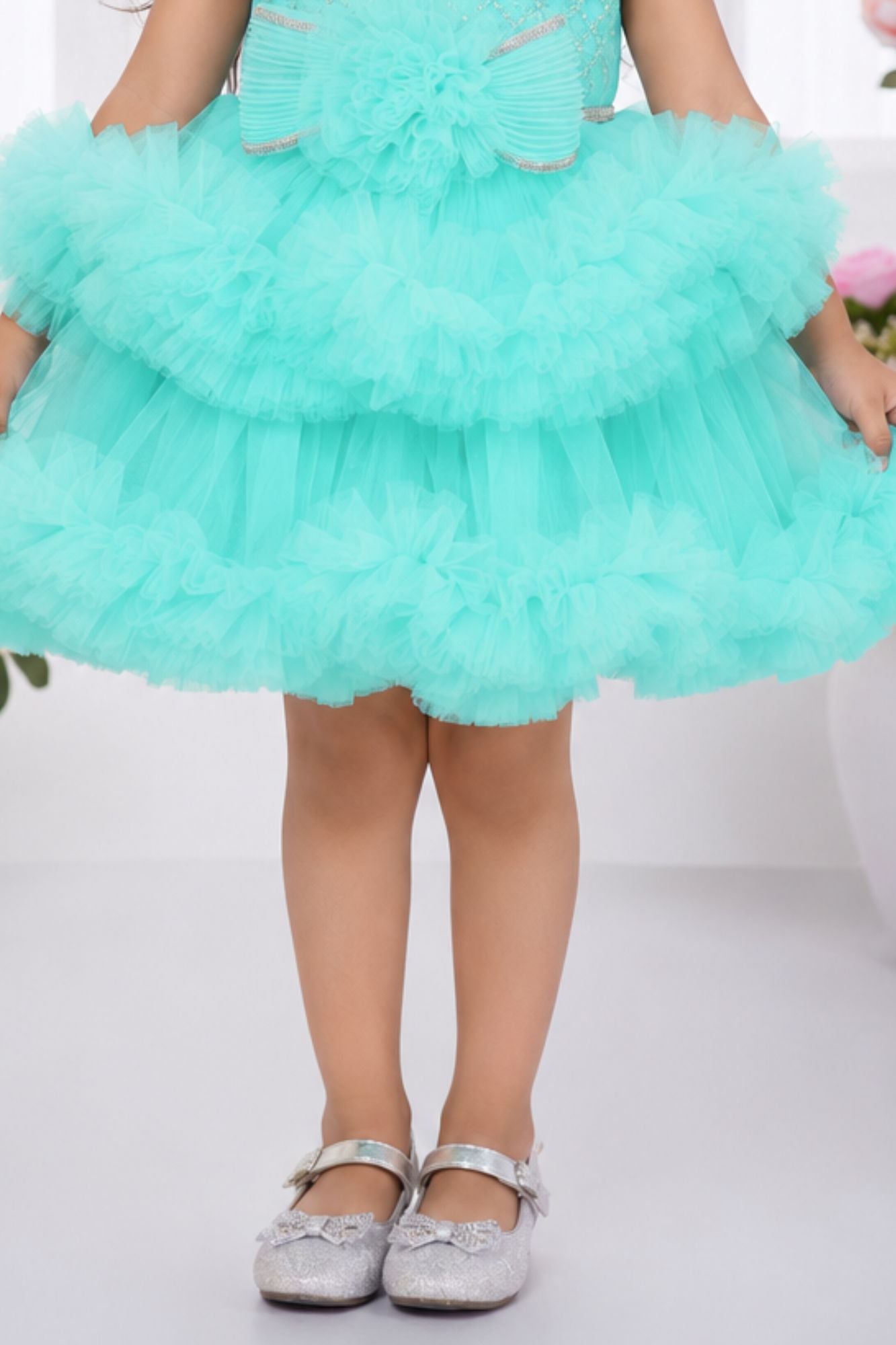 Aqua Blue Embellished Tulle Party Wear Frock for Girls
