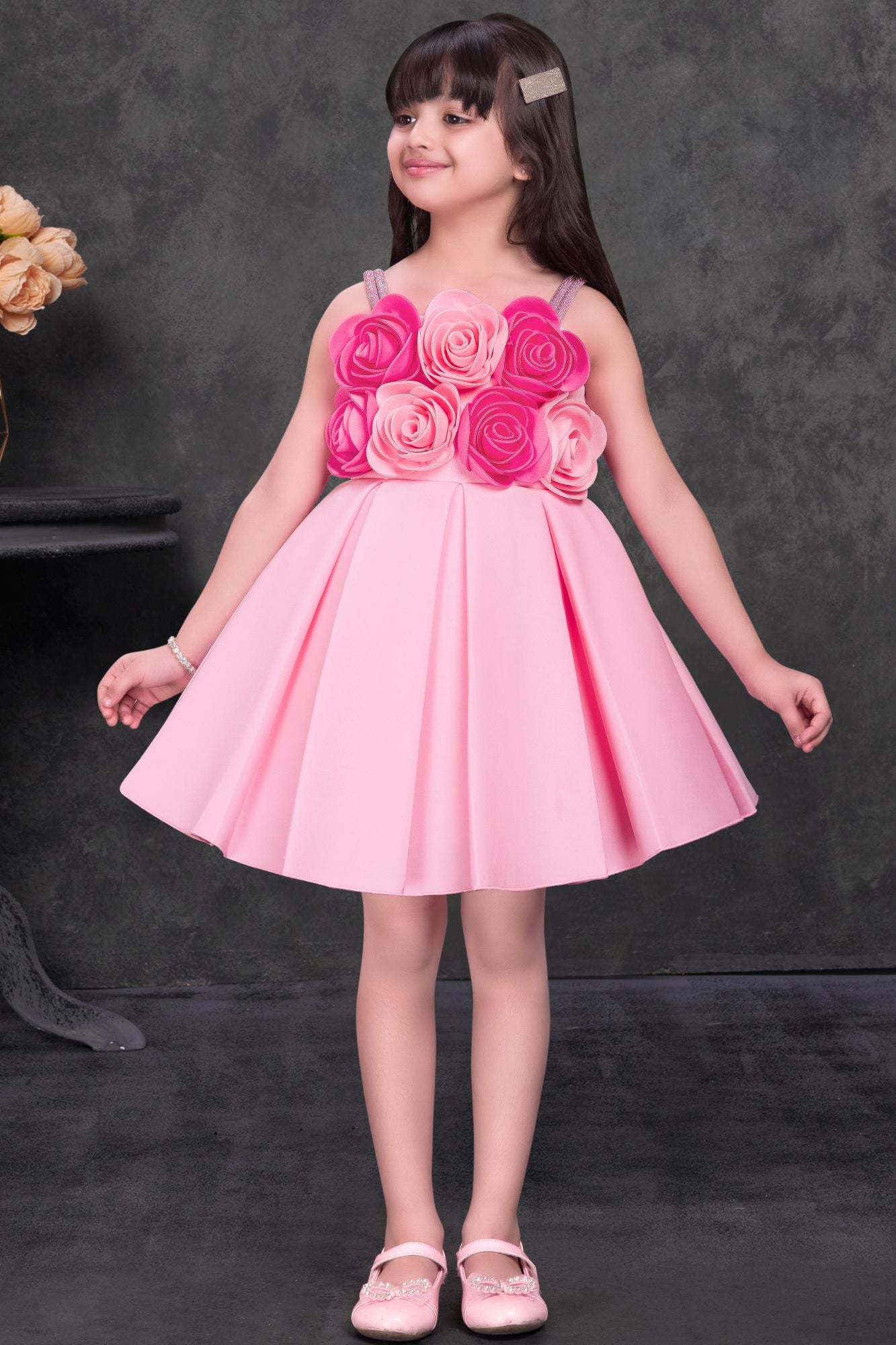 Light Pink Floral Appliqué Party Wear Frock with Pleated Skirt For Girls