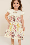 White & Yellow-Red Floral Cotton Dress with Ruffle Sleeves For Girls