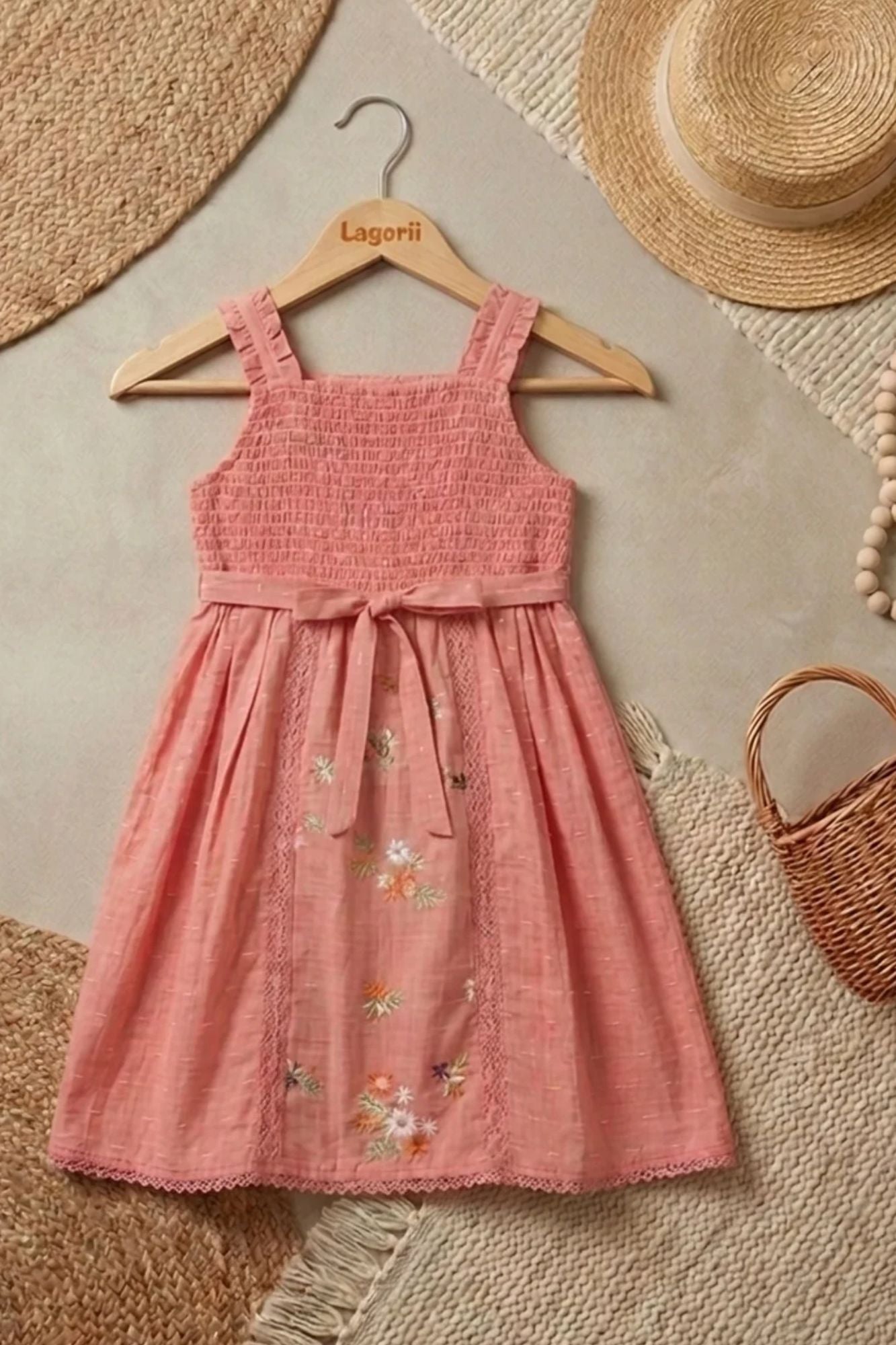 Girls Pink Floral Embroidered Sleeveless Dress with Lace Panels