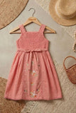 Girls Pink Floral Embroidered Sleeveless Dress with Lace Panels