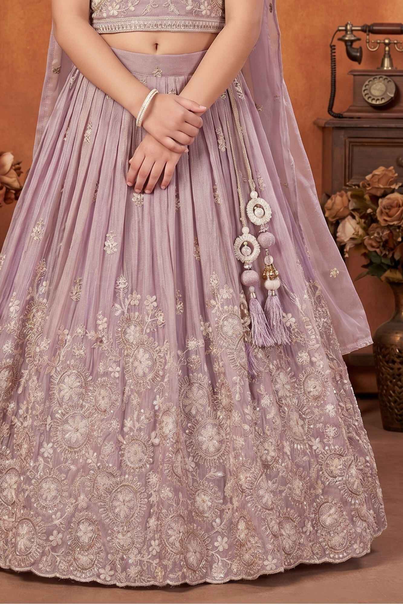 Lavender Embroidered Lehenga Choli Set For Girls With Dupatta