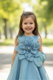 Blue Party Wear Gown with Oversized Floral Appliqué and Glitter Accent For Girls