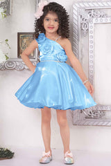 Sky Blue Frock With Floral Embellished For Girls