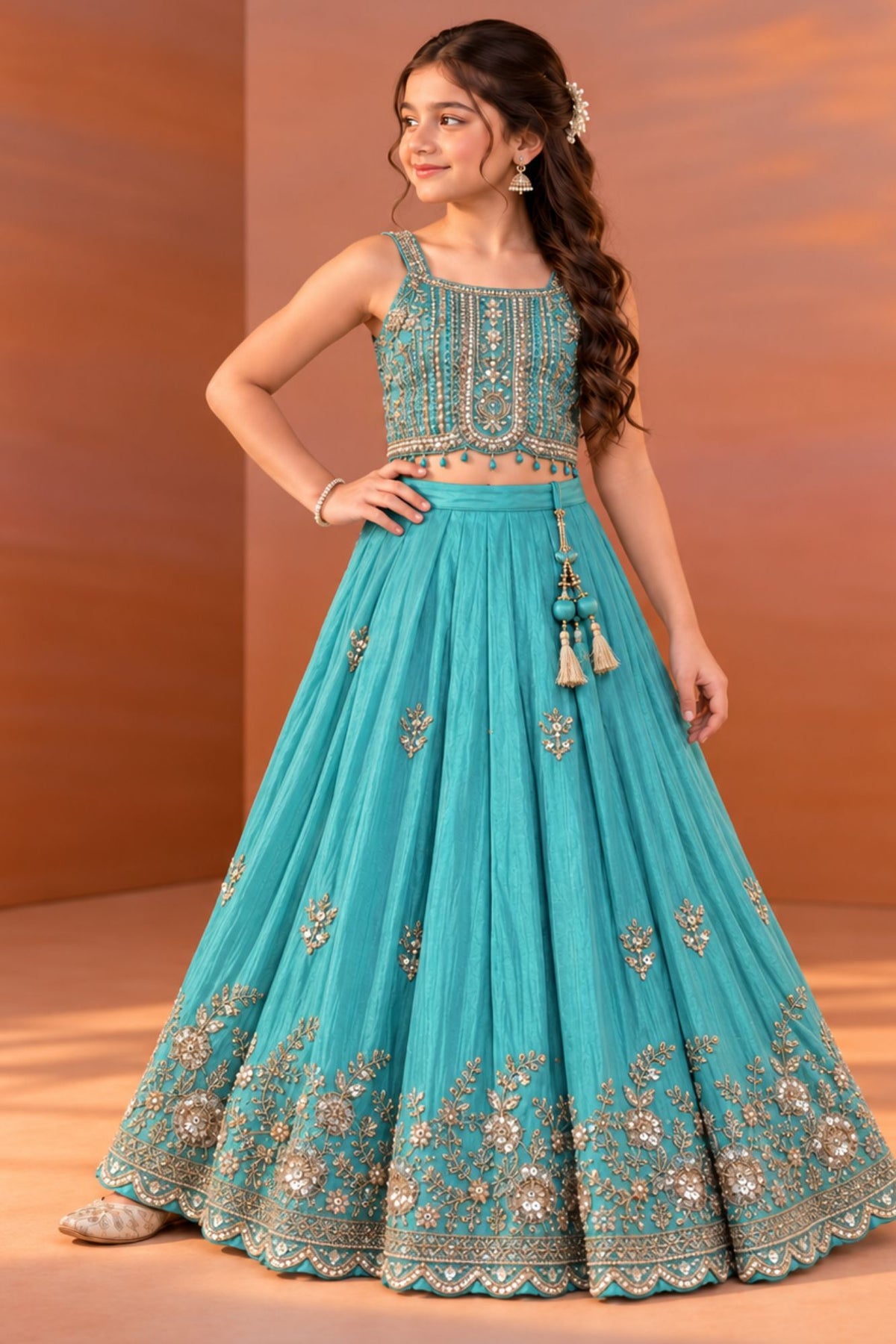 Girls Turquoise Blue Embroidered Lehenga Choli Set