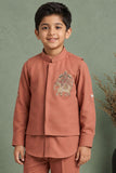 Coral Embroidered Kurta Set With Mandarin Collar For Boys