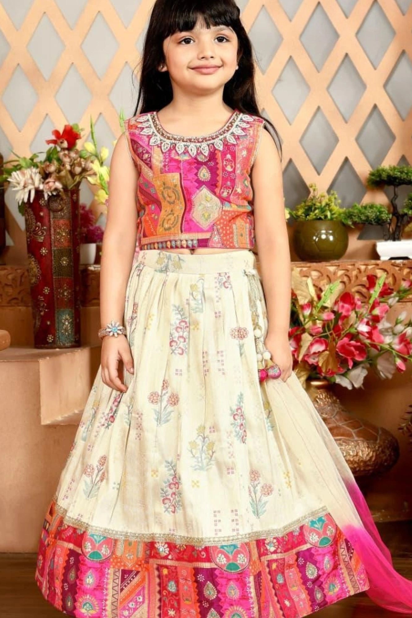 Cream And Rani Floral Print And Traditional Patchwork Lehenga Choli For Girls