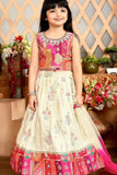 Cream And Rani Floral Print And Traditional Patchwork Lehenga Choli For Girls