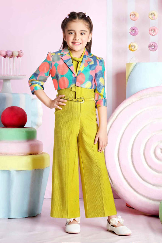 Stylish Mustard Jumpsuit With Multicolor Printed Over Coat For Girls