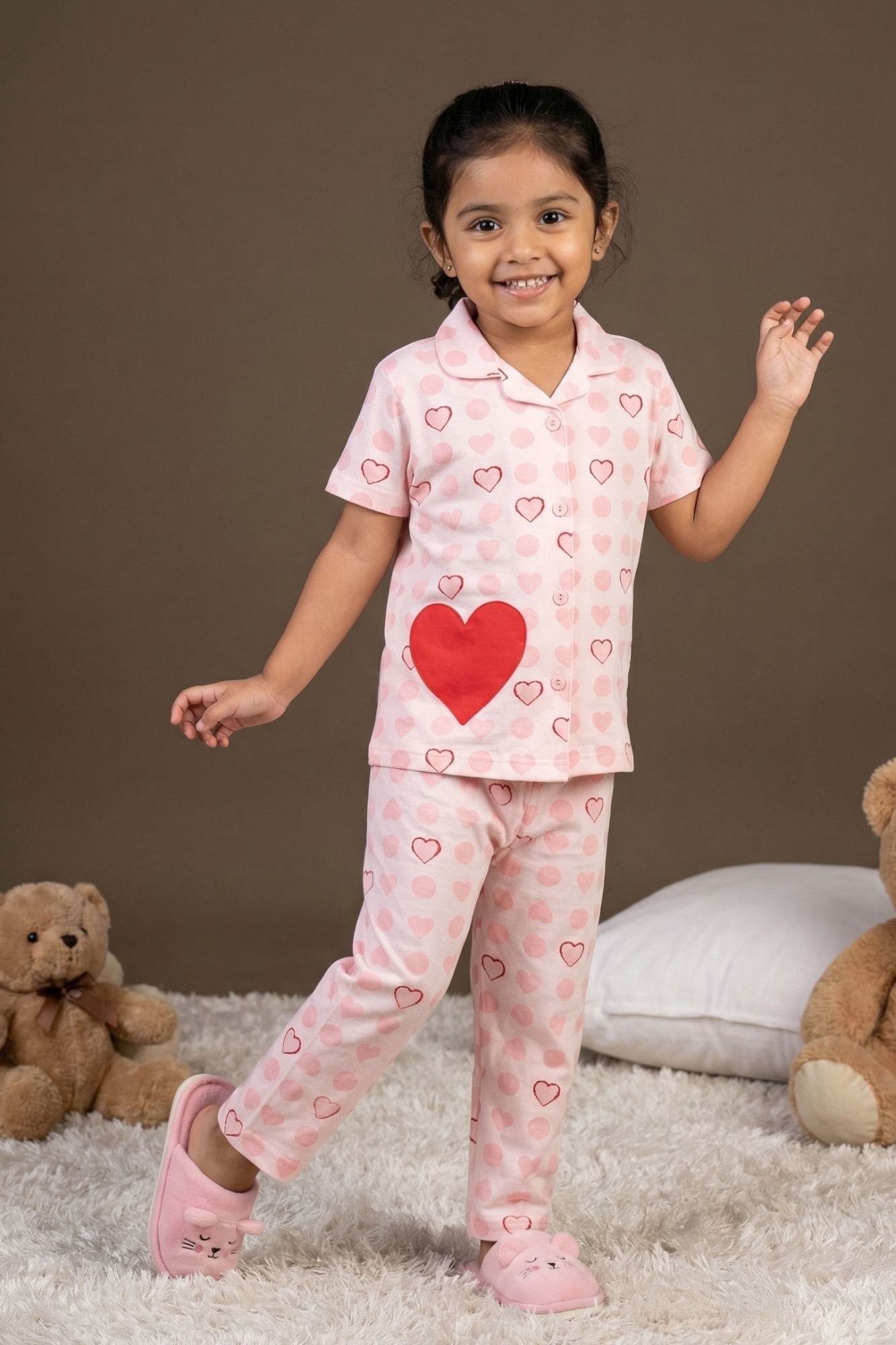 Pink Heart Print Night Suit Set For Girls
