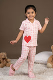 Pink Heart Print Night Suit Set For Girls