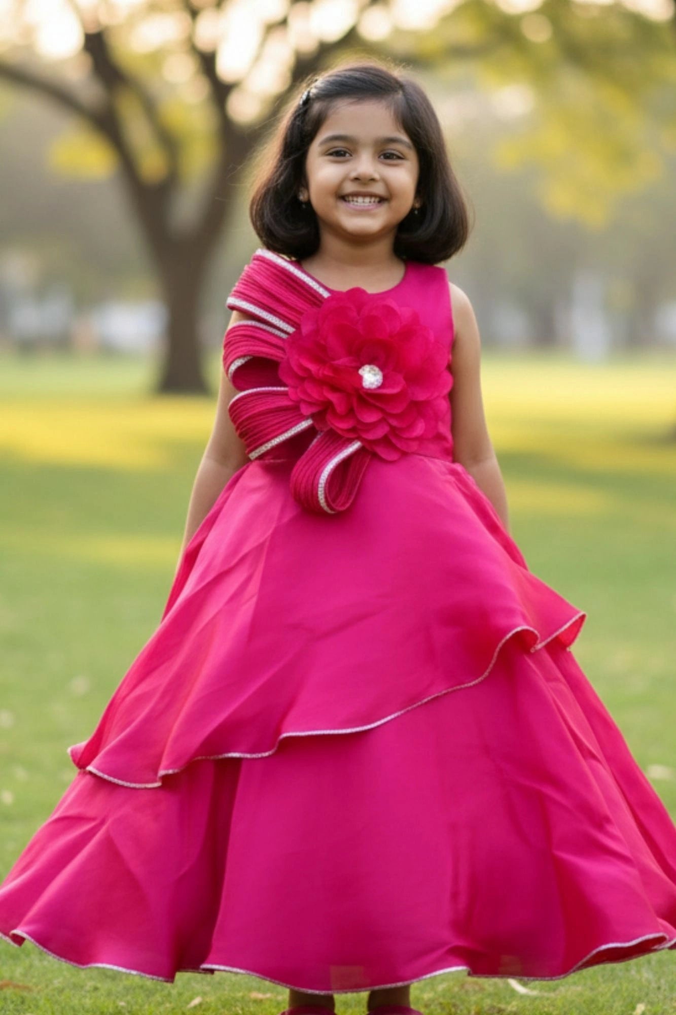 Cherry Red Layered Party Gown with Oversized Floral Appliqué For Girls