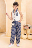 Blue Shirt And Denim Embroidered Jogger Set For Girls