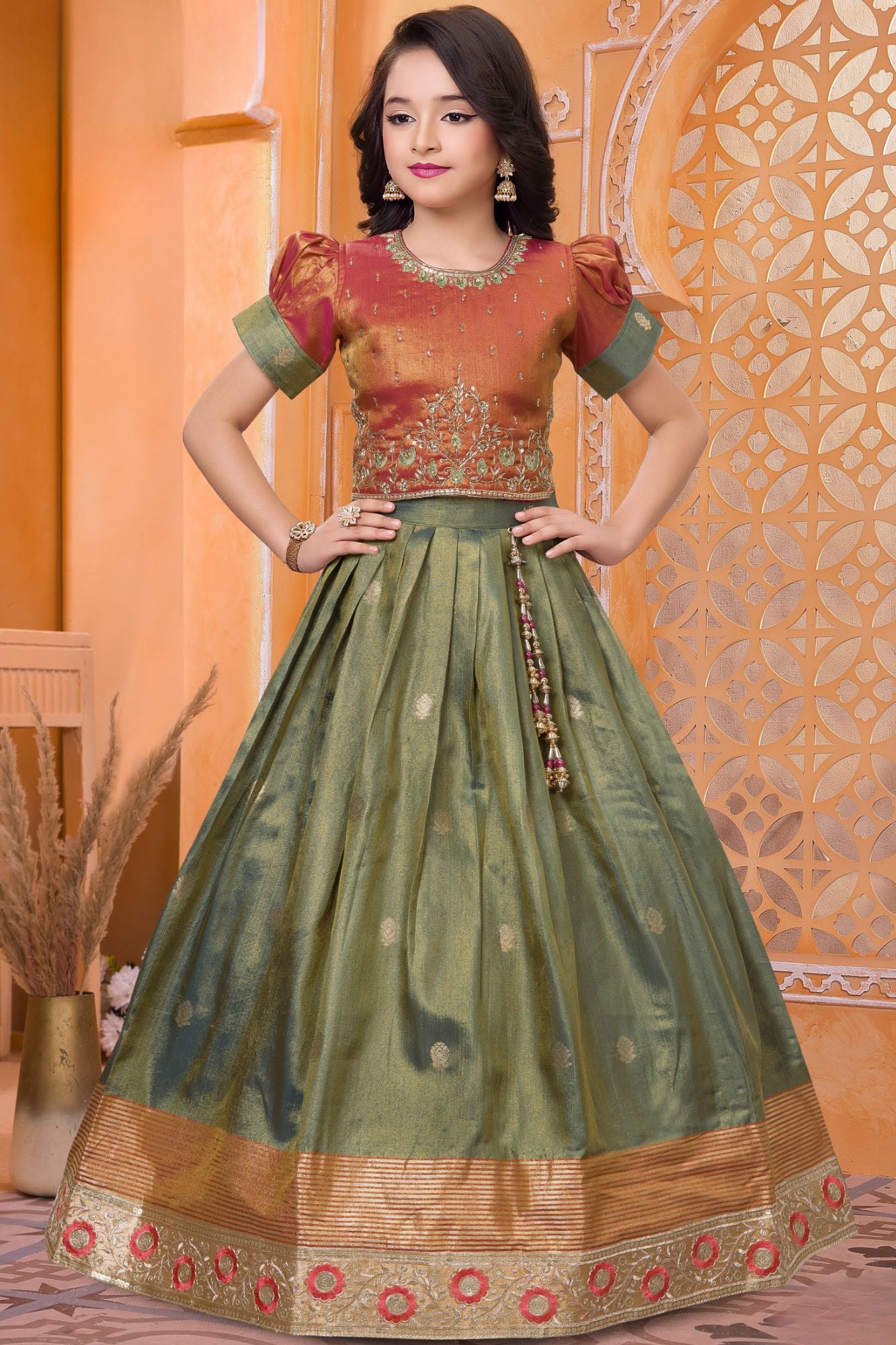 Girls Olive Green and Rust Orange Pattu Pavadai Set