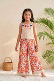 Off White Crochet Top with Multicolor Floral Printed Wide-Leg Culottes Co-Ord Set for Girls