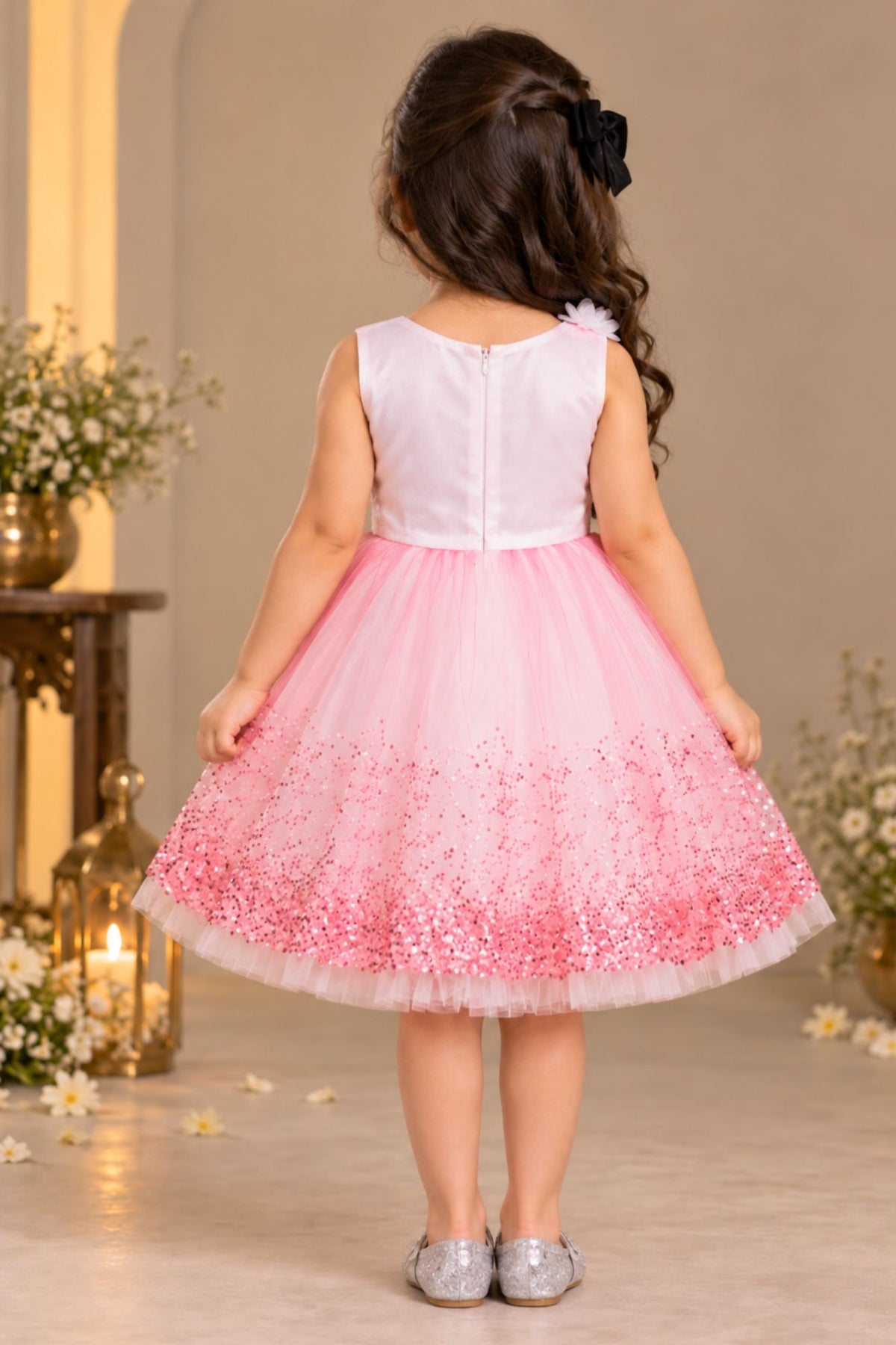 Gajri Pink Sequin Party Wear Frock with Bow For Girls