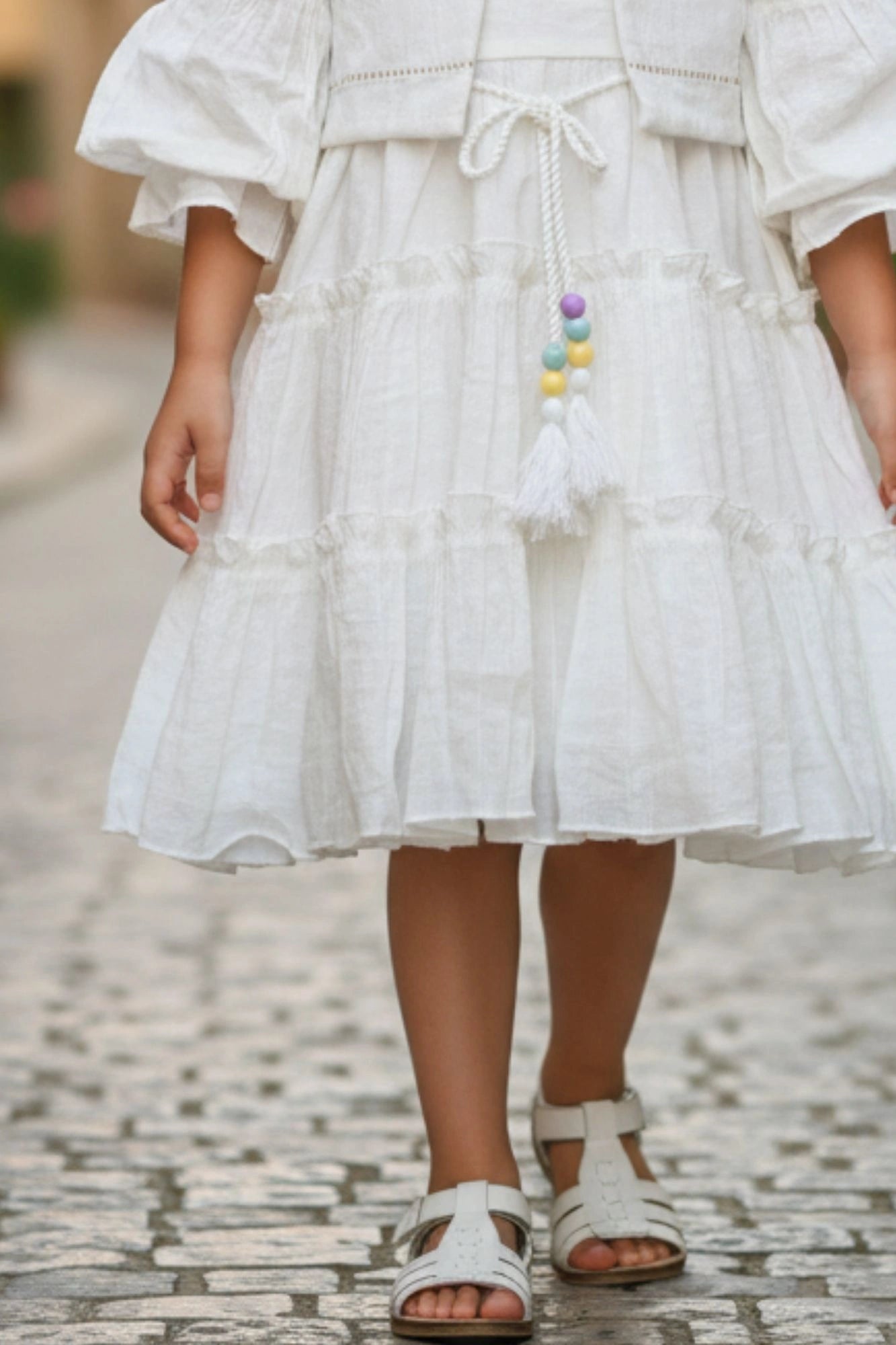 White Tiered Dress with Pastel Embroidered Jacket For Girls