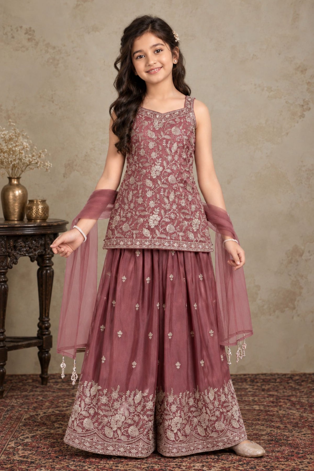 Girls Mauve With Gold Zari Embroidered Palazzo Set with Dupatta