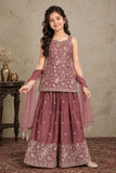 Girls Mauve With Gold Zari Embroidered Palazzo Set with Dupatta