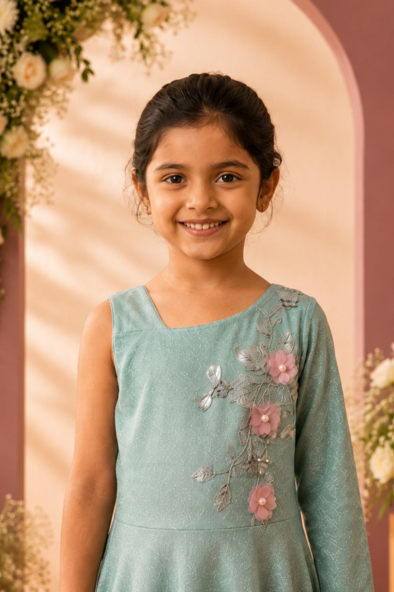 Girls Sage Green One Shoulder Embellished Gown with Floral Applique