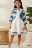 Casual Cream Dress & Teal Striped Jacket for Girls