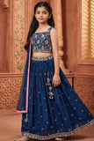 Girls Navy Blue Embroidered Lehenga Choli Set with Net Dupatta