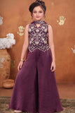 Girls Wine Embroidered Palazzo Set With Dupatta