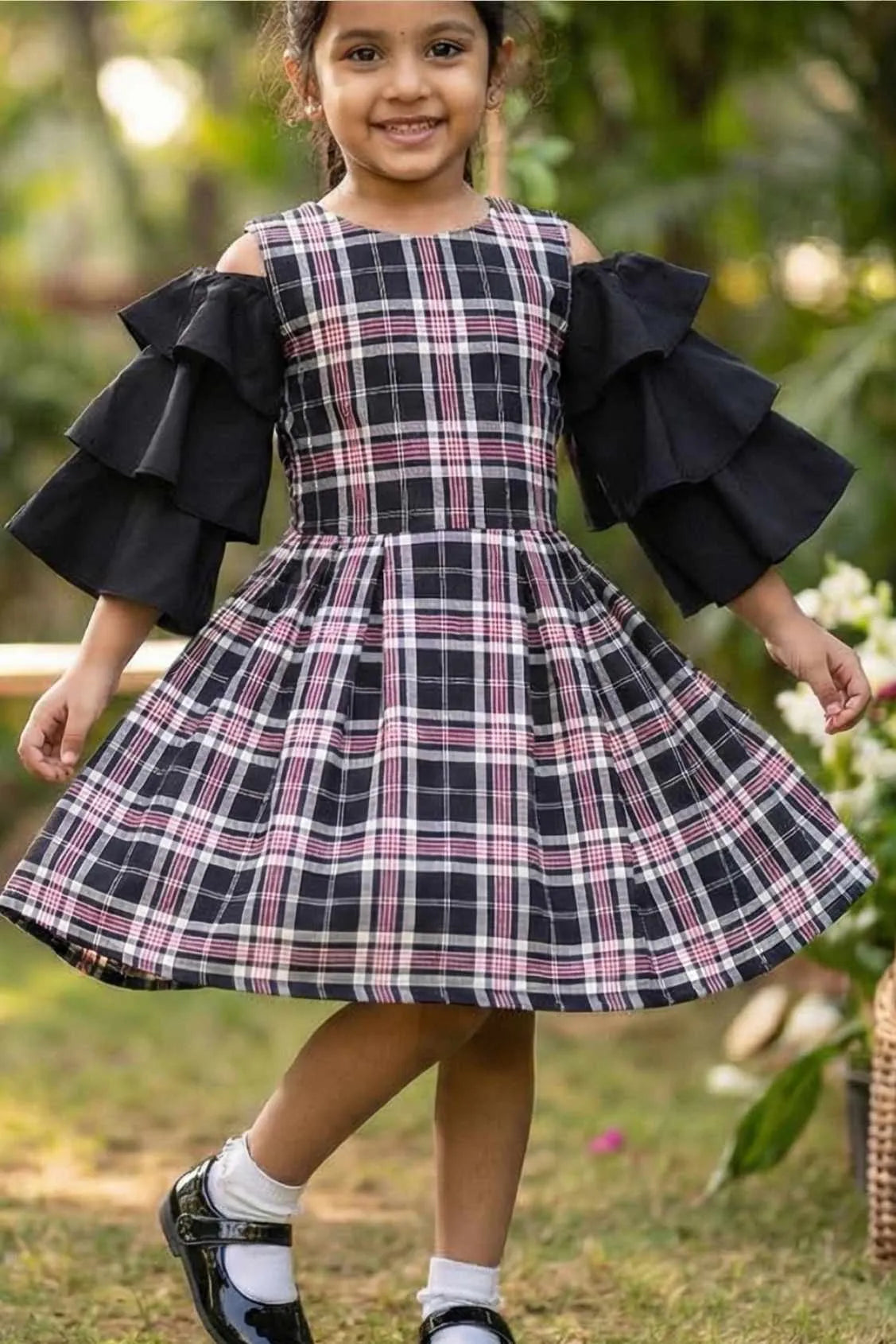 Black Plaid Cold-Shoulder Frock for Girls