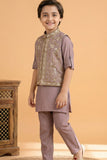 Onion Pink Embroidered Kurta Set with Nehru Jacket For Boys