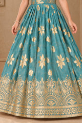 Blue Floral Brocade Ethnic Gown For Girls