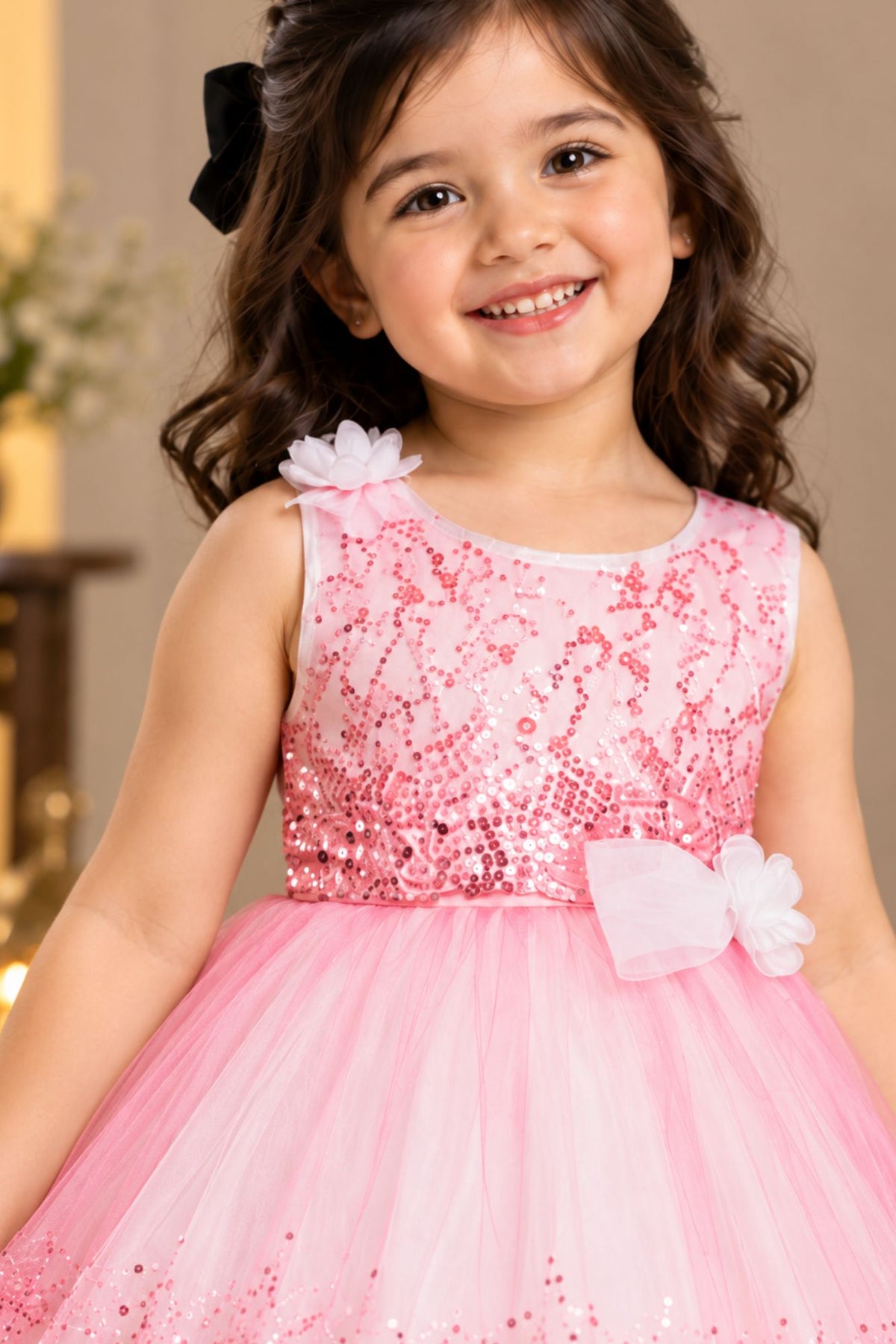 Gajri Pink Sequin Party Wear Frock with Bow For Girls