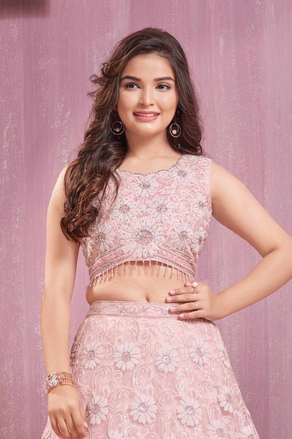 Blush Pink Floral Embroidered Lehenga Choli Set For Girls