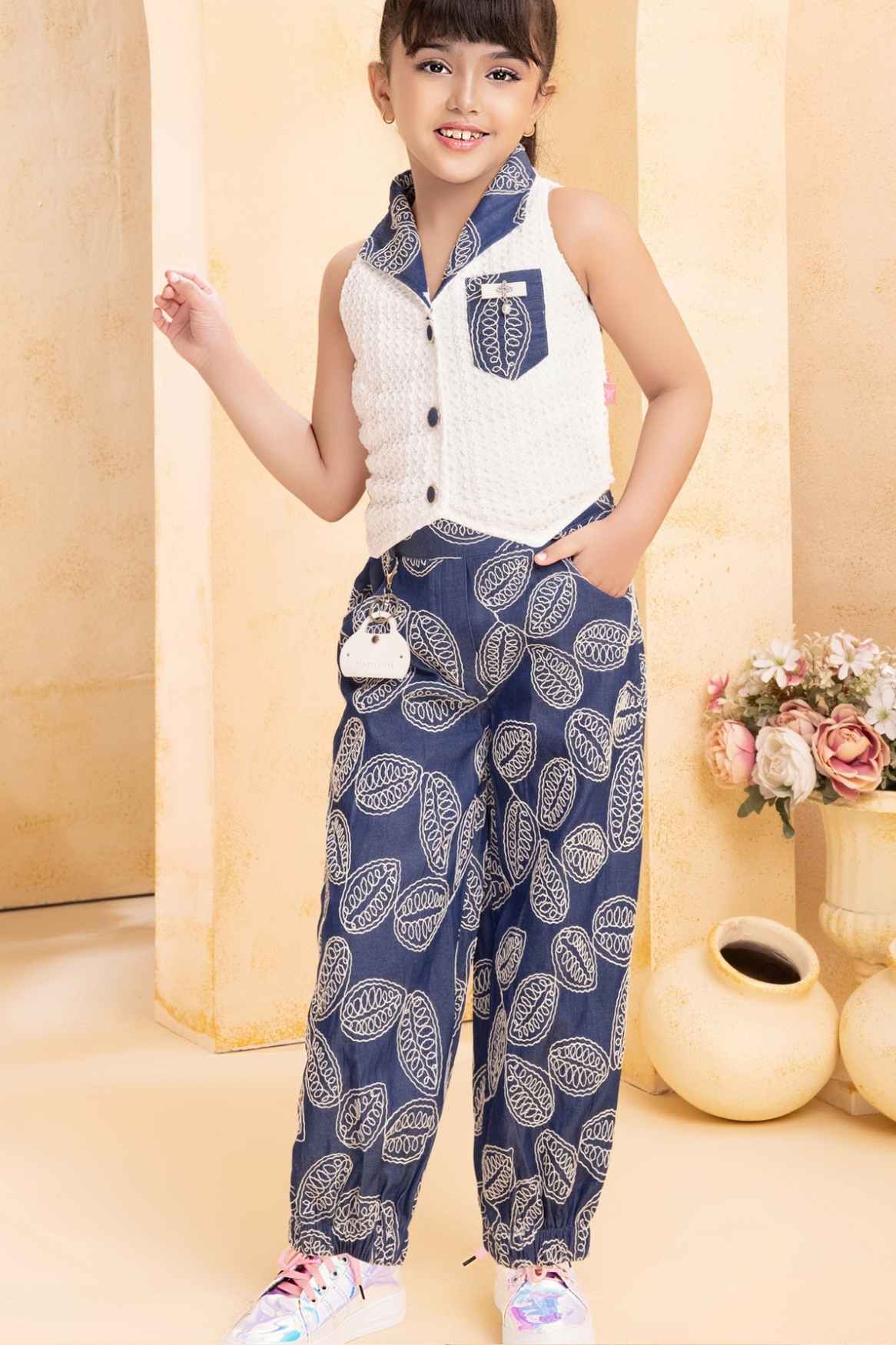 Blue Shirt And Denim Embroidered Jogger Set For Girls