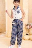 Blue Shirt And Denim Embroidered Jogger Set For Girls