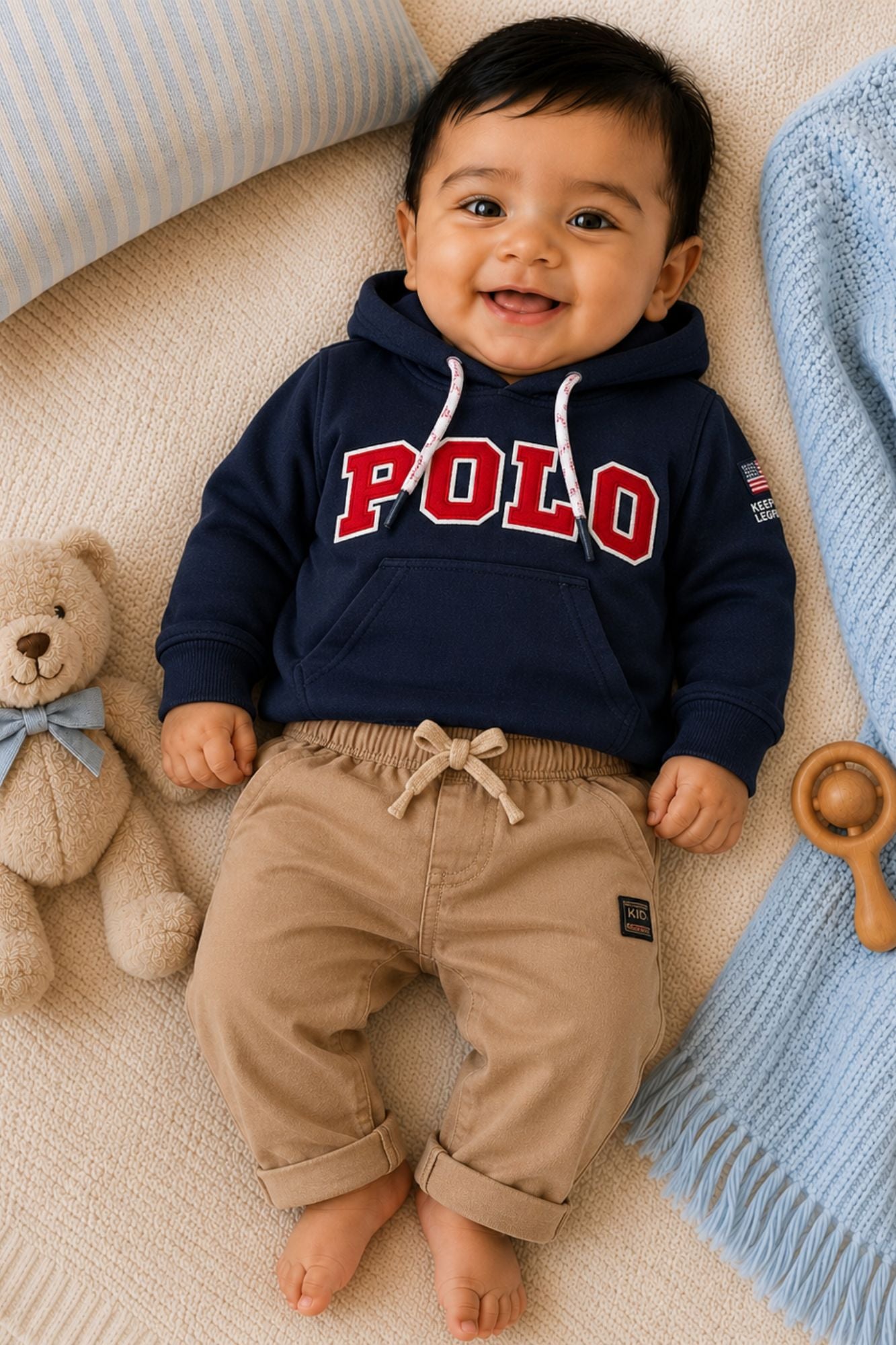 Blue Hooded Sweatshirt with Beige Trouser Set